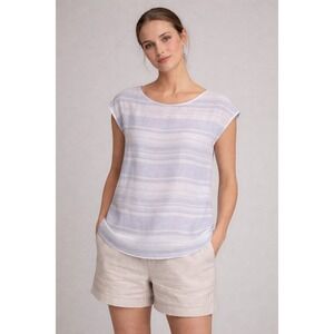 Cynthia Rowley 100% Linen TopSize M Blue White Stripes Boxy Blouse Button V Back